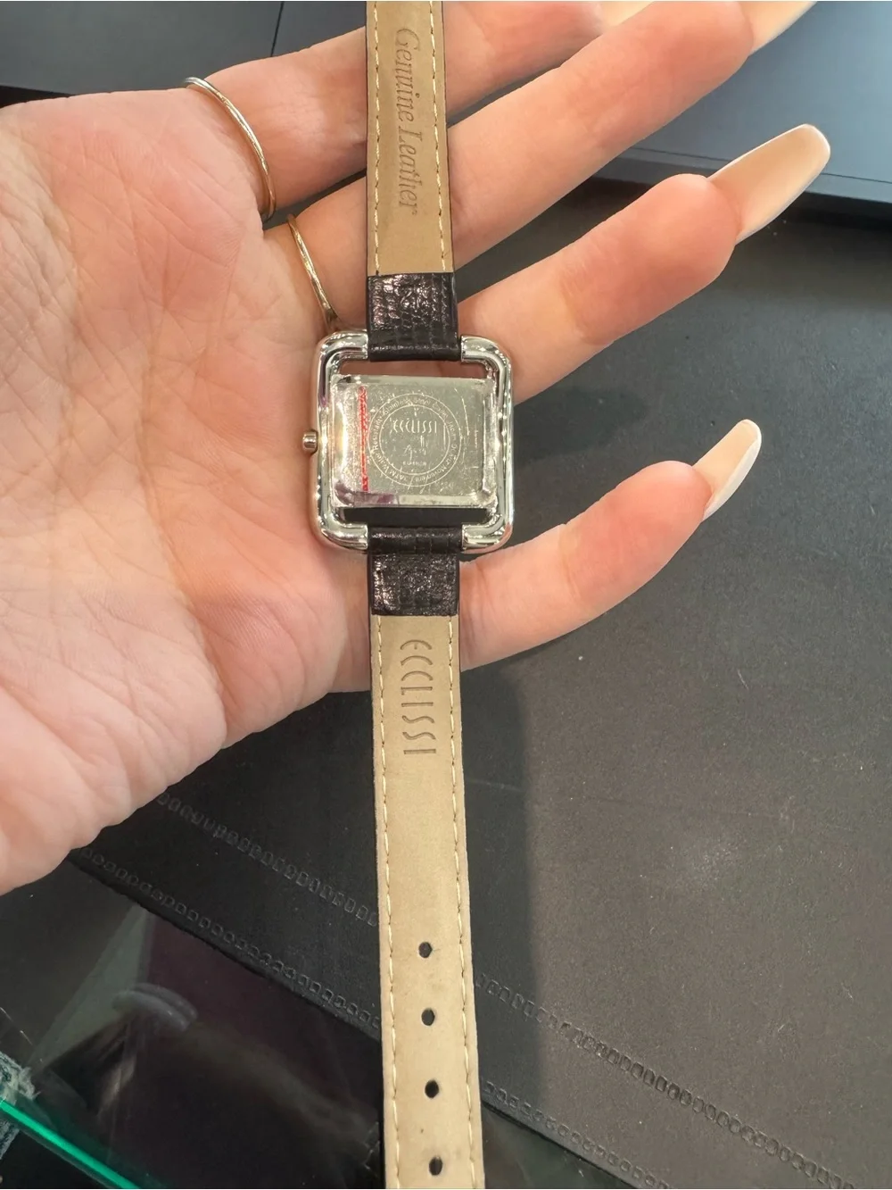 Vintage Ecclissi Silver Square Watch with Red Dial & Black Leather Band